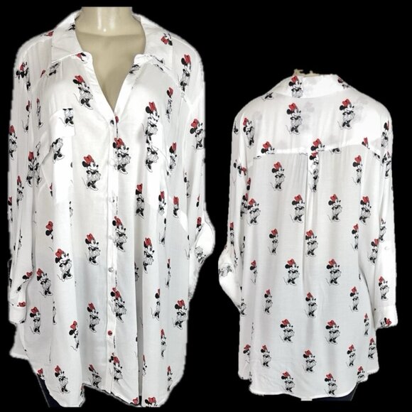 Disney +4 White Split Neck Minnie Mouse Graphic Button Collar 3/4 Sleeve Shirt - Picture 1 of 6
